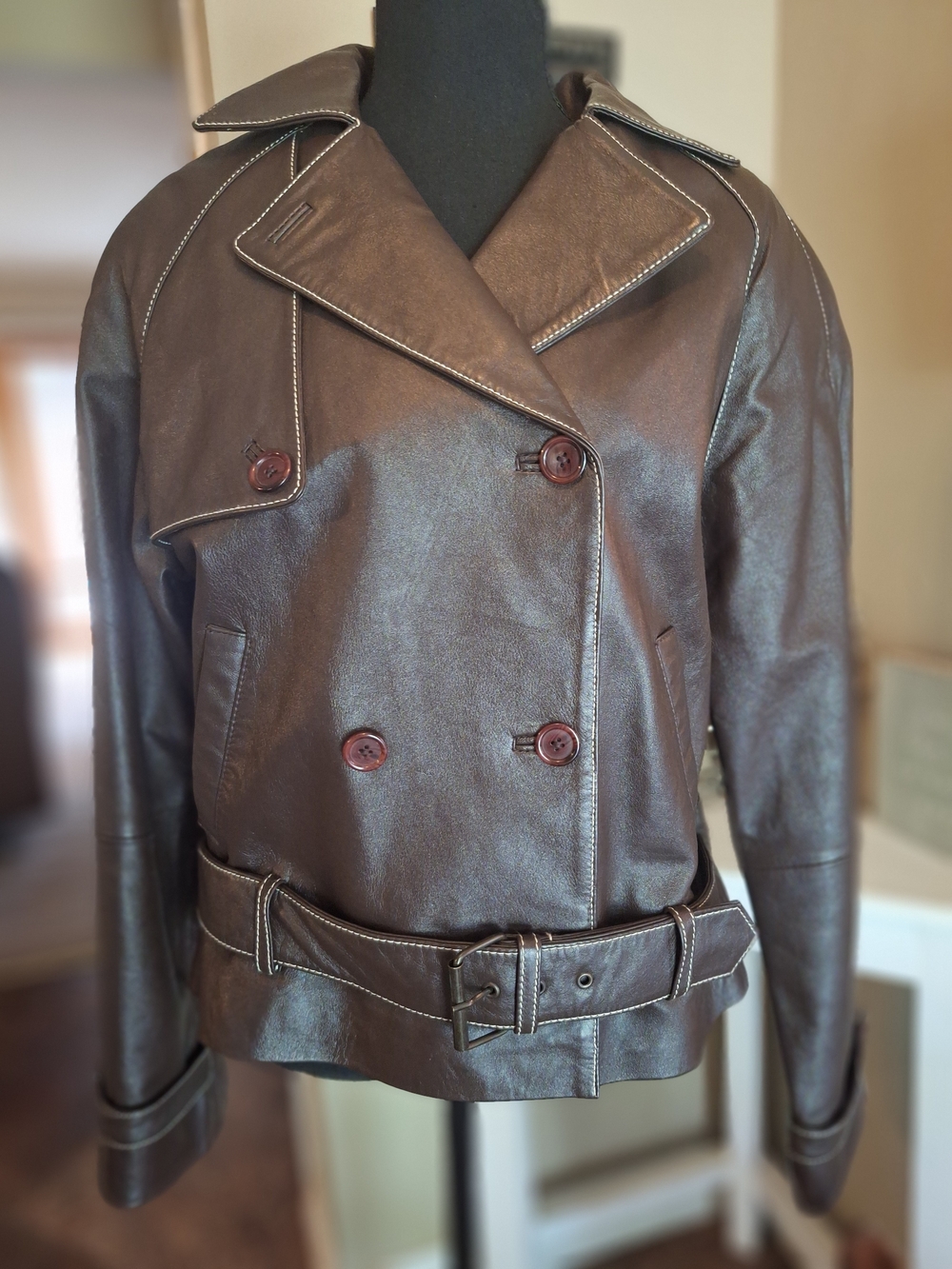 🥰🤩 VTG Serrano Brown Leather Double-Breasted Belted Waist Jacket M